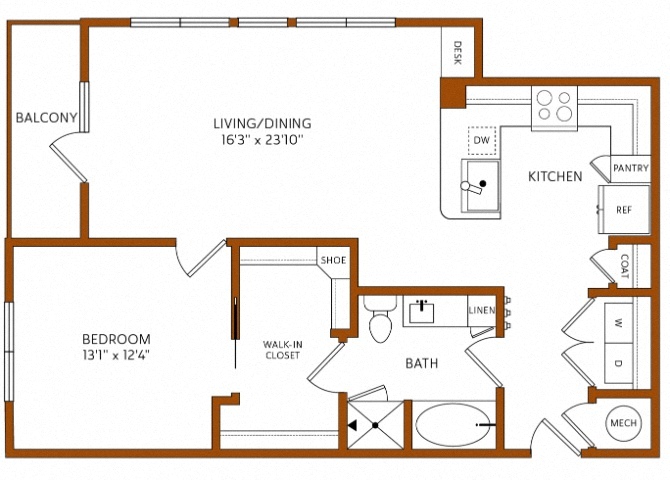 Rendering of the A5A floor plan with 1 bedroom[s] and 1 bathroom[s] at 