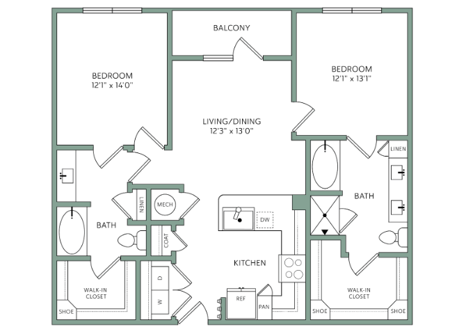 Rendering of the B1A floor plan with 2 bedroom[s] and 2 bathroom[s] at 