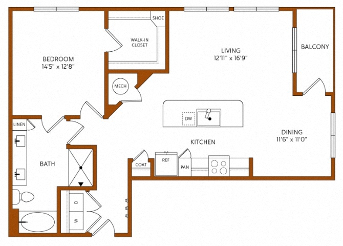 Rendering of the A6 floor plan with 1 bedroom[s] and 1 bathroom[s] at 