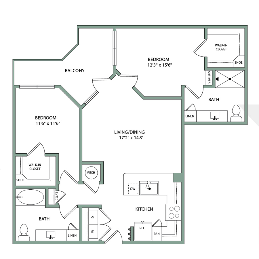 Rendering of the B4 floor plan with 2 bedroom[s] and 2 bathroom[s] at 