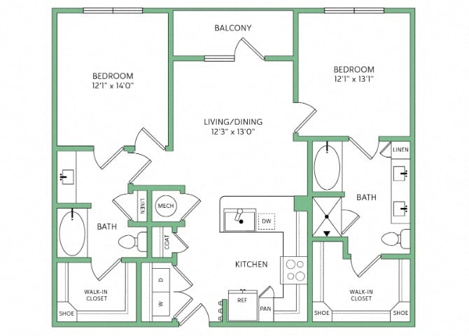 Rendering of the B1 floor plan with 2 bedroom[s] and 2 bathroom[s] at 