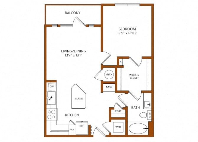 Rendering of the A1 floor plan with 1 bedroom[s] and 1 bathroom[s] at 