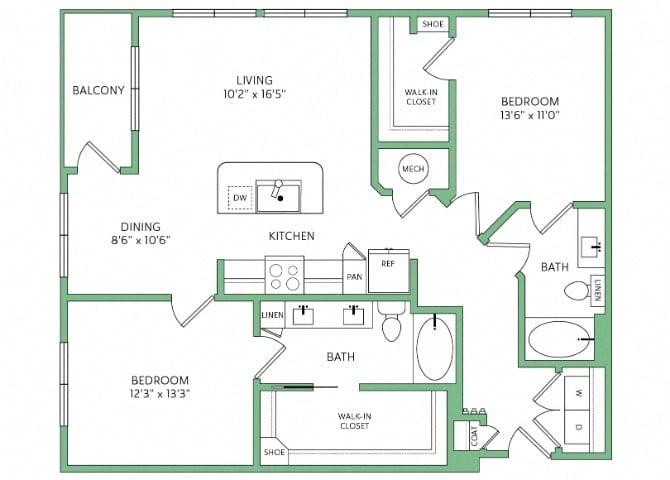 Rendering of the B5 floor plan with 2 bedroom[s] and 2 bathroom[s] at 