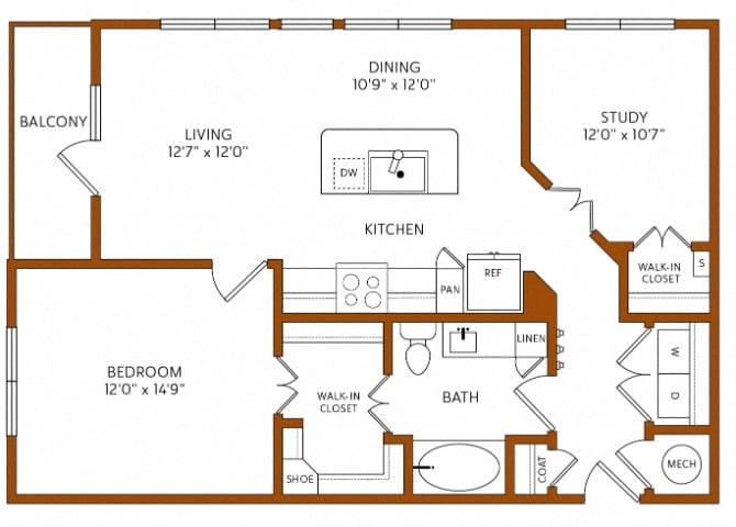 Rendering of the A5 floor plan with 1 bedroom[s] and 1 bathroom[s] at 