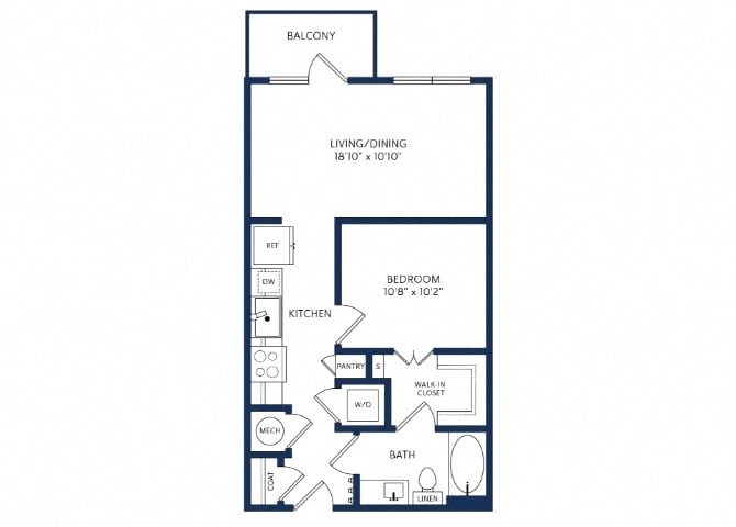 Rendering of the A floor plan with 1 bedroom[s] and 1 bathroom[s] at 