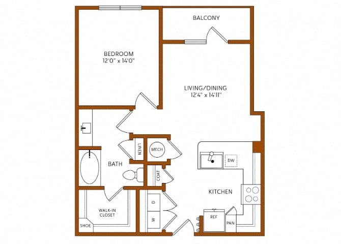 Rendering of the A10 floor plan with 1 bedroom[s] and 1 bathroom[s] at 