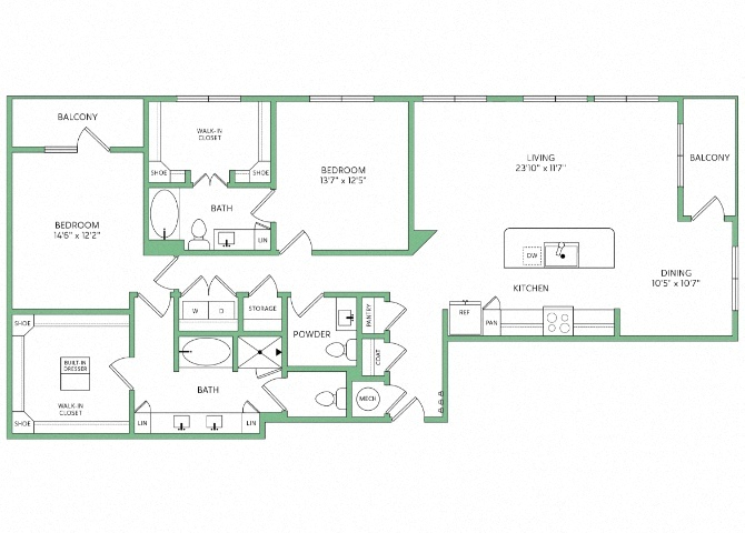 Rendering of the PH floor plan with 2 bedroom[s] and 2.5 bathroom[s] at 