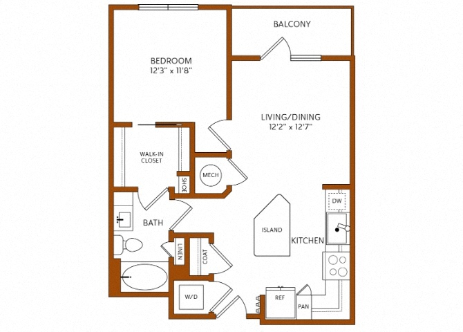 Rendering of the A9 floor plan with 1 bedroom[s] and 1 bathroom[s] at 