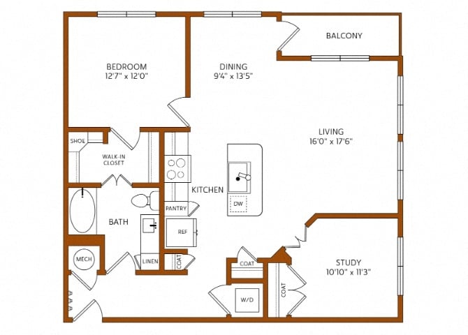 Rendering of the A8 floor plan with 1 bedroom[s] and 1 bathroom[s] at 