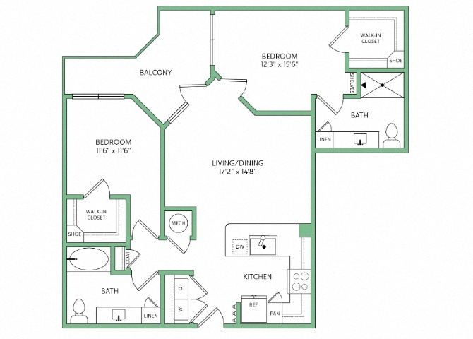 Rendering of the B4 floor plan with 2 bedroom[s] and 2 bathroom[s] at 