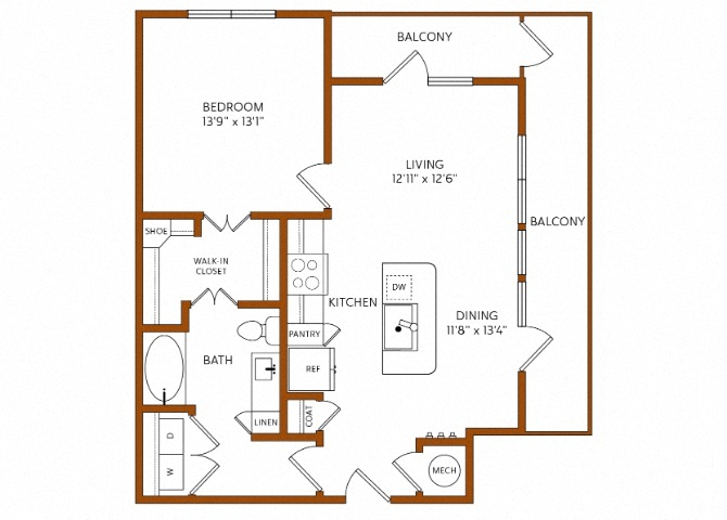 Rendering of the A7 floor plan with 1 bedroom[s] and 1 bathroom[s] at 
