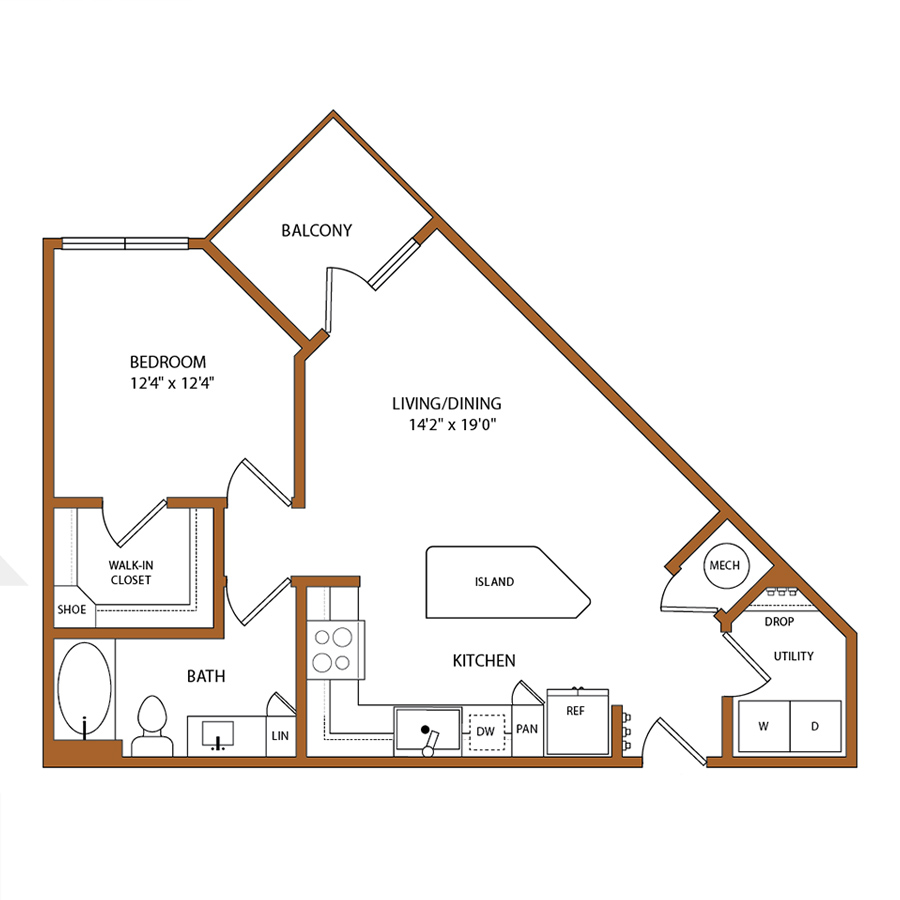 Rendering of the A2 floor plan with 1 bedroom[s] and 1 bathroom[s] at 