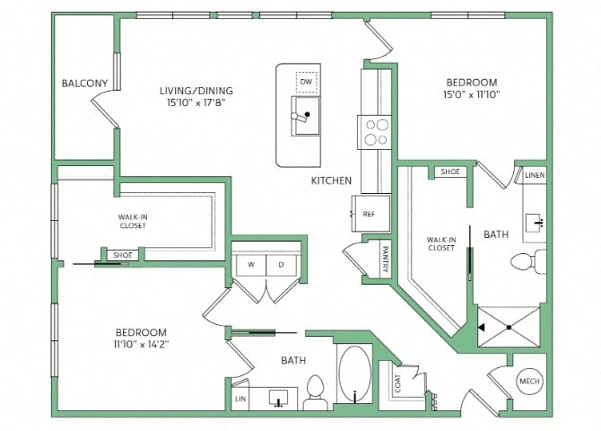 Rendering of the B3 floor plan with 2 bedroom[s] and 2 bathroom[s] at 