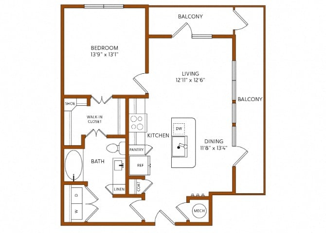 Rendering of the A7 floor plan with 1 bedroom[s] and 1 bathroom[s] at 