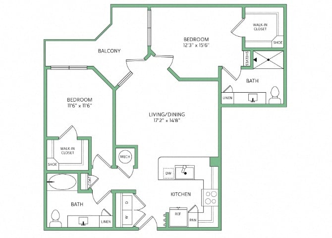 Rendering of the B4 floor plan with 2 bedroom[s] and 2 bathroom[s] at 